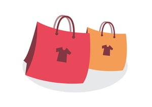 Graphic design of a red shopping bag and an orange shopping bag with t-shirt prints.