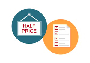 Graphic design of a "Half Price" hanging shopping sign and a checklist on a piece of paper with red checkmarks.