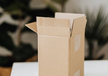 Blank cardboard box with the top opened.