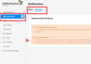 SellerActive notification center showing resolved eBay notifications.
