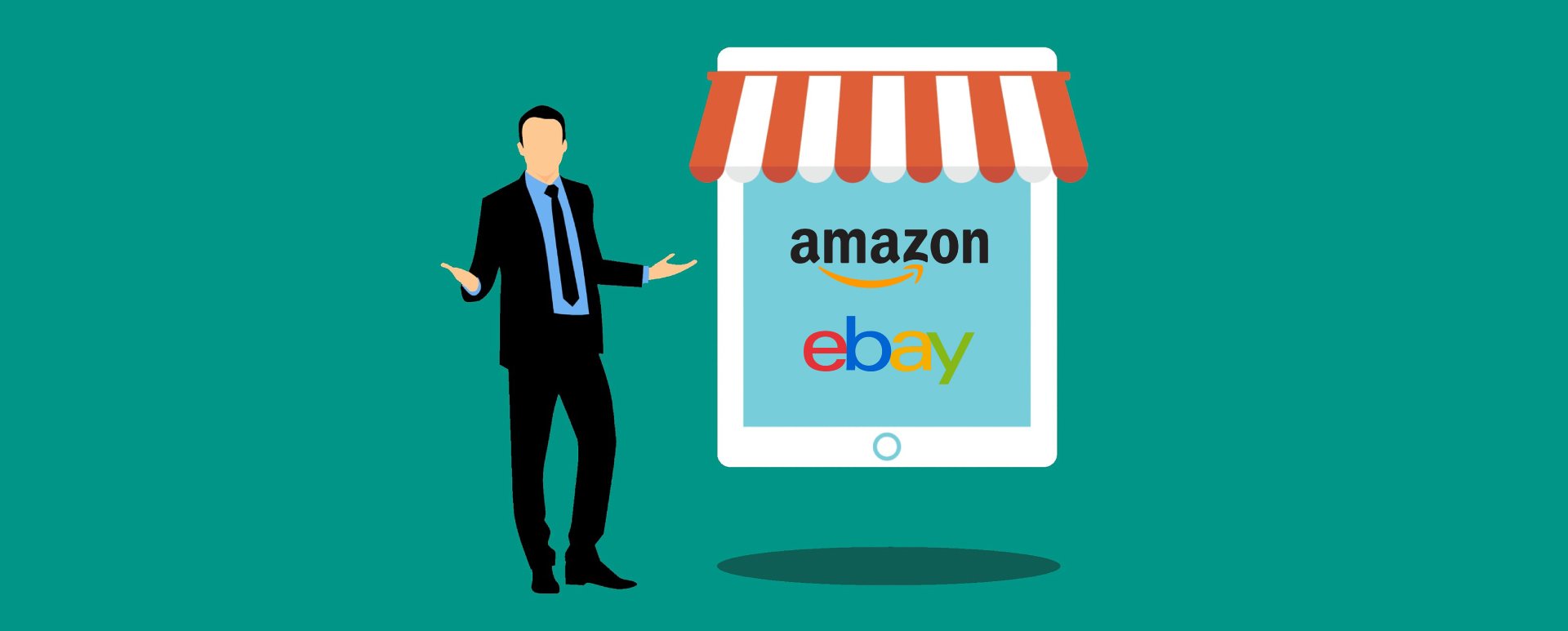 Graphic design of a man in a black suit and tie standing next to a tablet showing the Amazon and eBay logos.