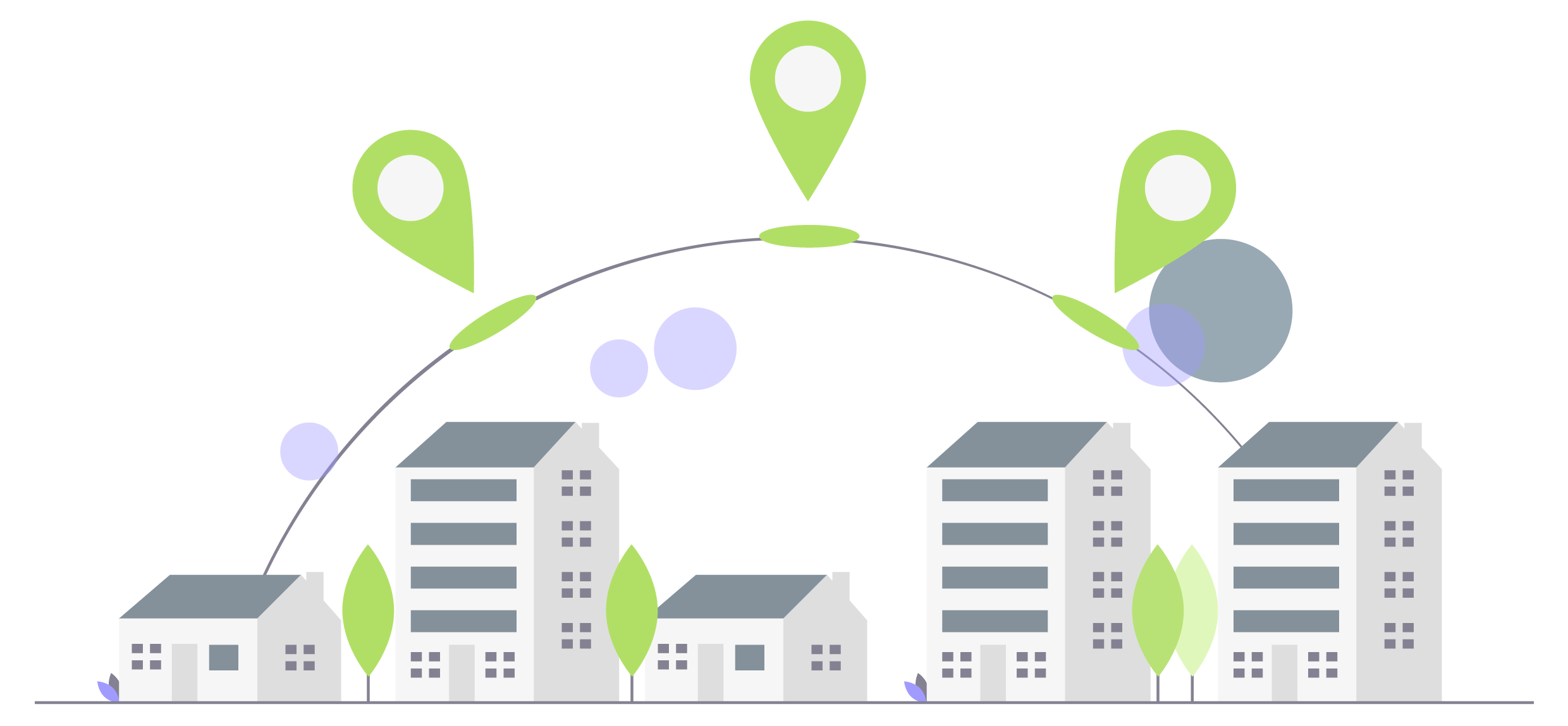 5 house illustrations with half circle above with location icons